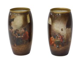 A pair of Royal Doulton ovoid vases, painted with Dutch interior tavern scenes with figures imbibing