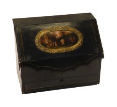 A Victorian coromandel veneered stationery box, the bureau shaped case set to the "fall" with a
