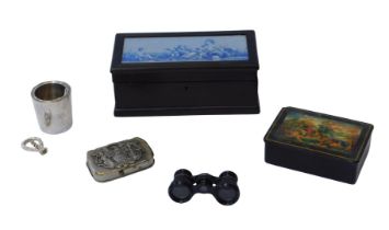 A Victorian wooden jewellery box, with blue ceramic tile with classical figures, a Russian lacquered