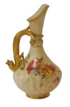 A Royal Worcester blush ivory porcelain ewer, No. 1463, with dragon handle and flared spout, hand-