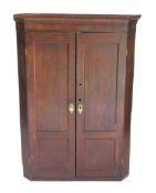 An 18thC oak hanging corner cupboard, with panelled front revealing a fitted interior, 117cm high,