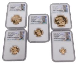 A UK 2024 22ct gold five coin sovereign collection NGC Gem proof first day of issue coin set,