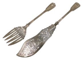 A pair of Victorian silver fish servers, shell capped Old English pattern, by Thomas Wallis II,