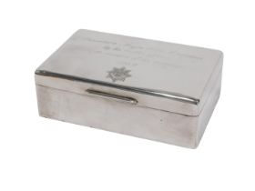 A George VI silver cigarette box, of oblong form with thumb mould handle, cedar lined interior,