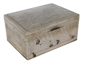 A George V silver and silver gilt box, of rectangular form, embossed with figure hunting, with a