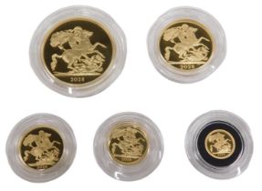 The Sovereign a 2026 five coin 22ct gold proof set, comprising £5, double sovereign, sovereign, half