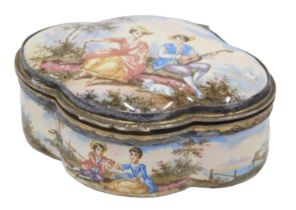 A 19thC Viennese enamel patch box, of shaped form, decorated with figures of courting couple in a