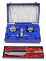 An Elizabeth II silver cruet set, comprising mustard pot, open salt, pepper pot and two spoons, in