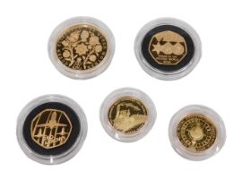 A 2025 United Kingdom Royal Mint 22ct gold proof commemorative five coin set, to include Two Hundred