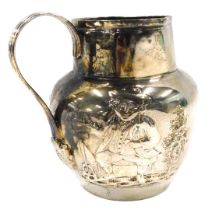 A Victorian silver jug, with beak spout and strap handle, the main body showing tavern scenes,