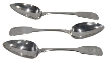 A set of three George III Irish silver tablespoons, Fiddle pattern with anchor crests, by Richard