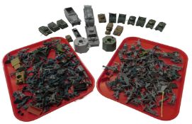 Plastic soldiers and military vehicles, including Allied troop transport, an SDKFZ251 Hanamag,