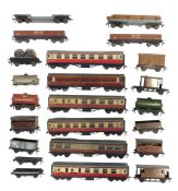 Various Hornby OO gauge rolling stock, including coaches, tank wagons, flat wagons, bogie well