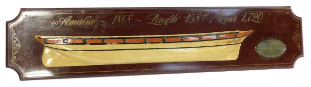 A reproduction commemorative Amalia ship wooden wall mounted plaque, the ship's body in fibreglass