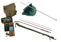 Fishing rods and tackle, comprising a 9ft fibreglass fly rod, landing net, a 3½" fly reel with spare