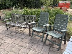 Wooden bench and two plastic garden chairs