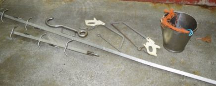 1 x Assorted Collection of Abattoir Accessories - Meat Hooks, Saws and a Stainless Steel Bucket