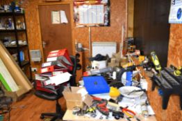 Contents of a Portakabin Storage Room - Includes a Hoist, Tools, Speakers,Consumables, Shelves
