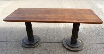 1 x Restaurant Dining Table - Rectangular Oak Top with Wooden Twin Column Pedestal Base