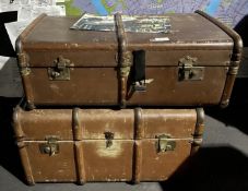 2 x Vintage Bentwood Banded Steamer Trunks Including a Collection of Copper Parts