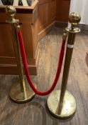 4 x Polished Brass Crowd Control Rope Barrer Posts with 2 x Red Ropes
