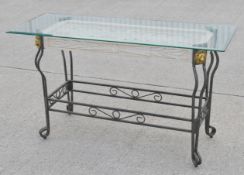 1 x Opulent Rectangular Console Table Boasting a Bevelled Glass Top, Wrought Iron Base and Ornate