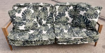 1 x Vintage Mid-Century Low Profile Commercial Wooden Conservatory Lounge Sofa with Cushions