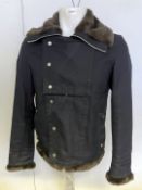 1 x ZARA-MAN Men's Cotton Winter Jacket in Navy Blue with Brown Faux Fur Trim - Size: Medium -