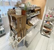 Job Lot of Assorted Retail Shelving Wall Units, Rustic Display Crates, Table and a Wooden 5-Tier