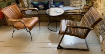2 x Vintage Genuine Leather Upholstered Armchairs with Metal Frames  - From an Artisanal Bistro