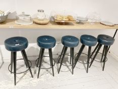 Set of 5 x Round Vintage Leather Upholstered Bar Stools in Teal - From an Artisanal Bistro and