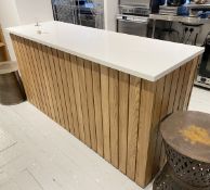 1 x Bespoke White Quartz Topped 1.8m Wide Retail Display Counter / Bar Unit with Slatted Frontage