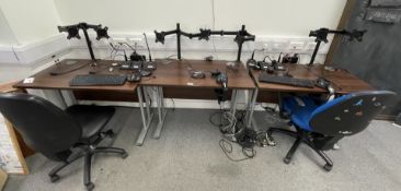 3 x Compact Walnut Computer Desks with Monitors, Keyboards, Headphones, Microphones and Two Chairs