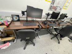 3 x Compact Walnut Computer Desks with Monitors, Keyboards, Headphones, Microphones and Two Chairs