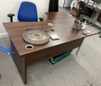 1 x Walnut Corner Office Desk with Swivel Chair, Gong and Pens