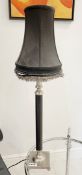 1 x Elegant Brushed Metal Table Lamp Featuring a Leather Covered Neck and Feather Trimmed Shade