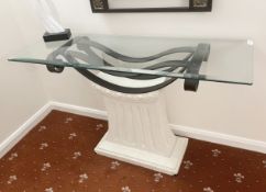 1 x Neoclassical Glass Topped Console Table with Fluted Base and Wrought Iron Scroll Work - Ref: