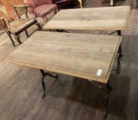 2 x Traditional Style Rectangular Pub Tables Features Wrought Iron Bases and Wooden Tops