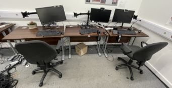 3 x Compact Walnut Computer Desks with Monitors, Keyboards, Headphones, Microphones and Two Chairs