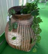1 x Large Rustic Garden Planter with a Distressed, Aged Finish and Decorative Woven Wicker Covering
