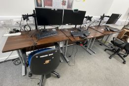 3 x Compact Walnut Computer Desks with Monitors, Keyboards, Headphones, Microphones and Two Chairs