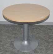 1 x Small Round Office Table Featuring a Beech Top Supported by a Silver Pedestal Base