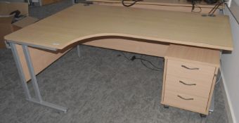 1 x Left Hand Corner Office Desk with Drawer Pedestal Features a Beech Finish with Grey Base