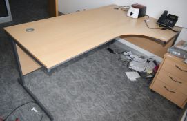 1 x Right Hand Corner Office Desk with Drawer Pedestal Features a Beech Finish with Grey Base