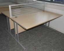 2 x Rectangular Office Workstation Desks Featuring a Glass Central Privacy Screen, Birch Wood