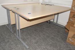 2 x Rectangular Office Workstation Desks Featuring a Birch Wood Finish, Cable Grommets, Privacy
