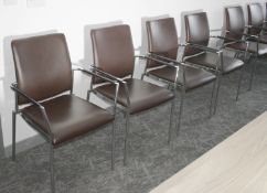 4 x Modern Chrome Office Chairs Featuring a Chocolate Brown Upholstery, Wrapped Armrests