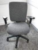 1 x Operators Office Swivel Chair Featuring Adjustable Arms, Dark Grey Upholstery, Castor Wheels