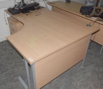 1 x Right Hand Corner Office Desk with Drawer Pedestal Features a Beech Finish with Grey Base