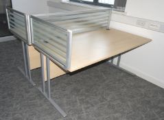 2 x Rectangular Office Workstation Desks Featuring a Glass Central and End Panel Privacy Screens